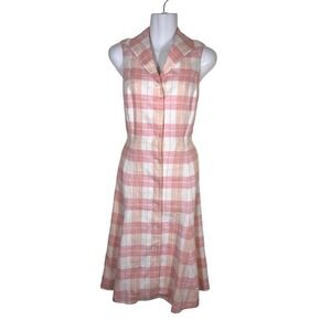 Brooks Brothers Country Club Madras Linen Shirt Dress Plaid Pink Sleeveless 4